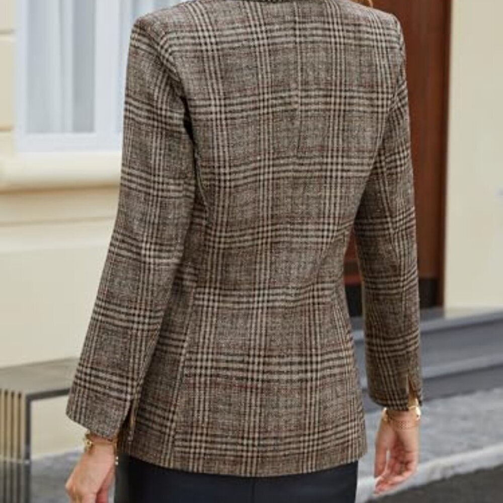 Houndstooth Plaid Tweed Blazer Double-Breasted Slim Fit Chic Work Wear - Picture 4 of 8